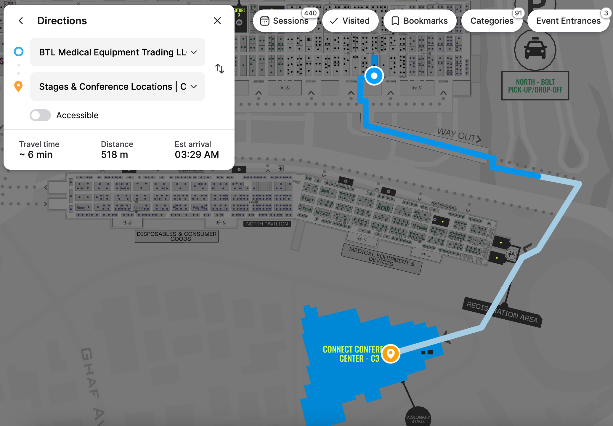 Blue-dot wayfinding route across the WHX interactive floor plan