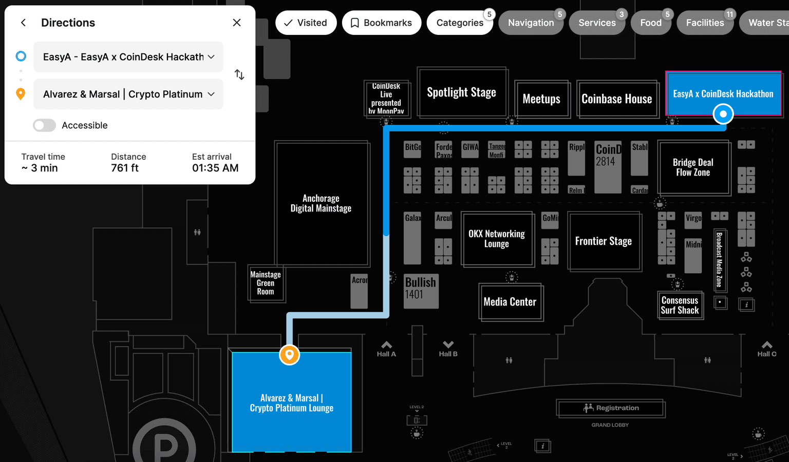 Consensus Miami 2026 in-app directions, routing an attendee between booths across the exhibition hall