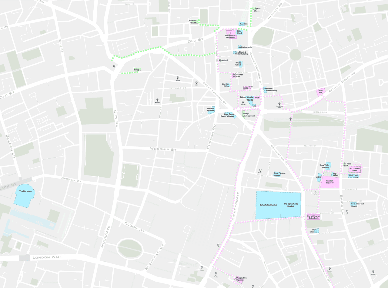 SXSW London 2026 branded map of Shoreditch showing venues, stages and partner locations