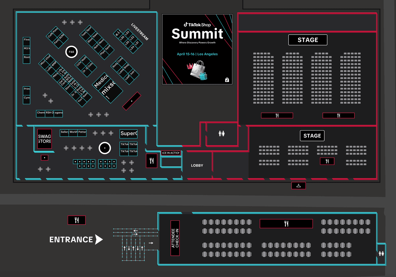 TikTok Shop Summit 2026 branded floor plan showing exhibitor activations, stages and the attendee check-in area
