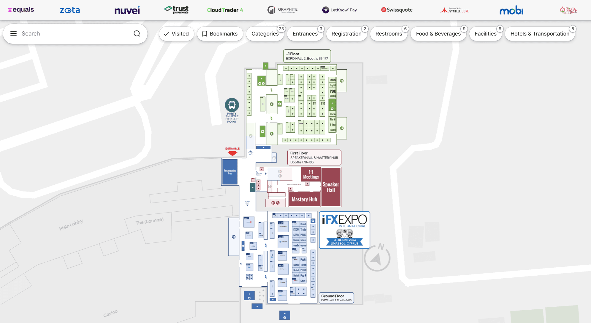 iFX EXPO Cyprus 2026 interactive floor plan with sponsor bar, search and category filters