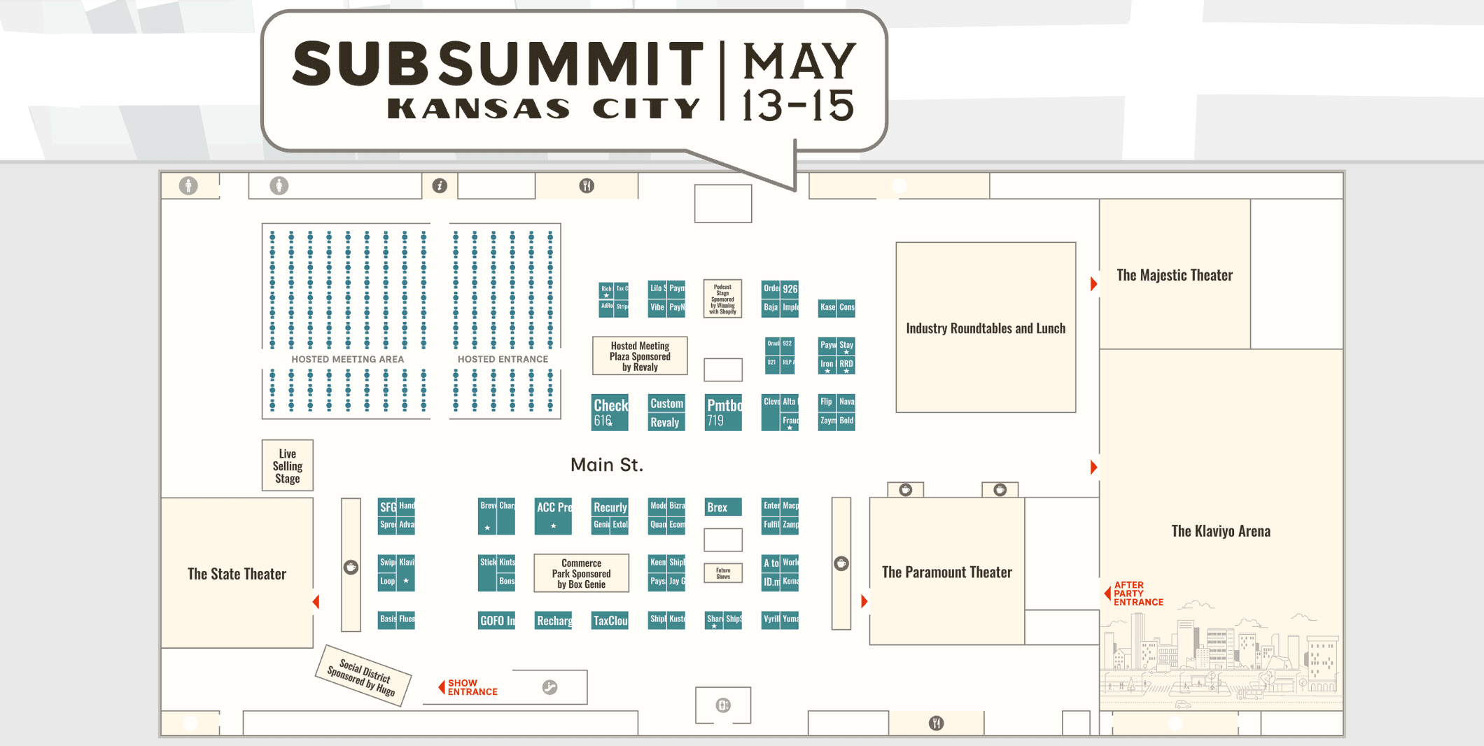 SubSummit 2026 interactive floor plan with search and category filters over the Kansas City Convention Center layout